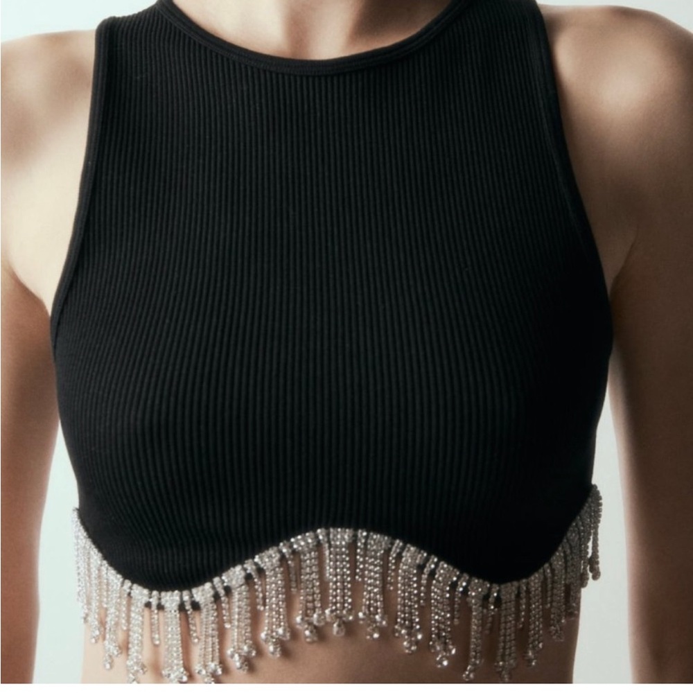 Zara Womens Black Sleeveless high neck top. Jewel appliqué at hem.Black - Picture 1 of 10